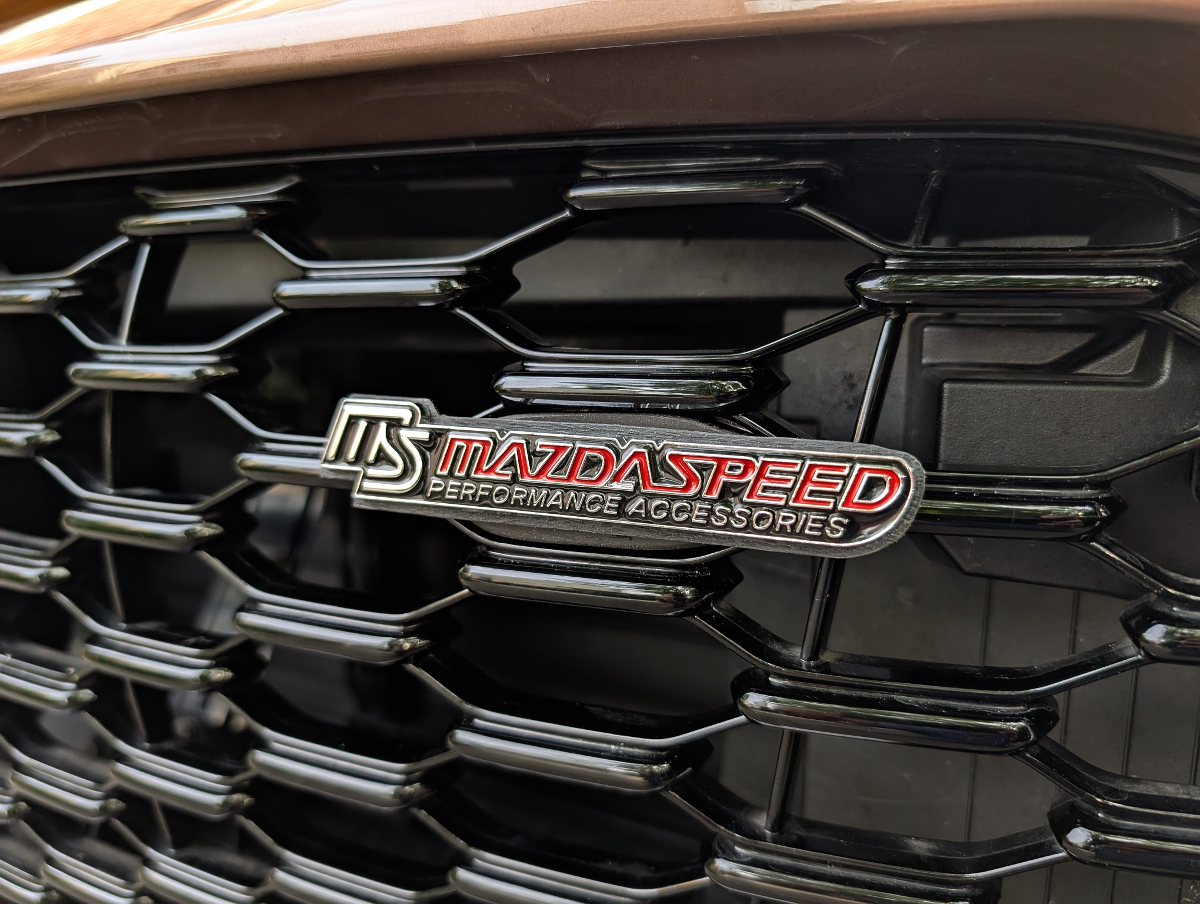 Emblem "Mazdaspeed" für den Kühlergrill; gibt es in der Bucht. Zusätzlich selbstgebauter Lückenfüller aus einer Siebdruckplatte passgenau für "in die Raute" (schwarz), ein Alublech mit etwas größer als die Raute, Befestigungsplatte, Schrauben.